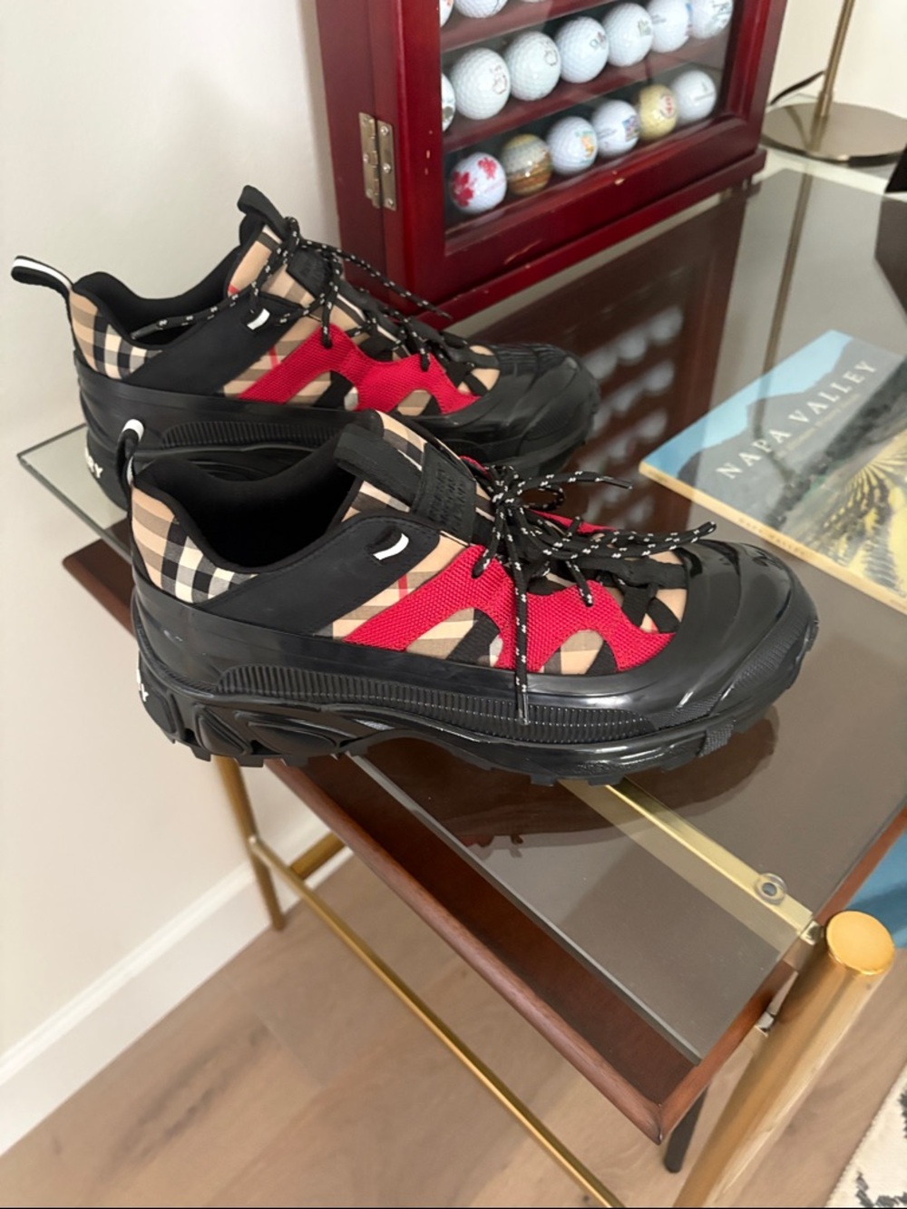 Burberry Black Red Beige Check Low-Top Sneakers - Picture 2 of 5